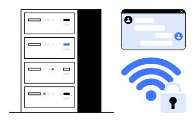 Veri sunucu kulesi, asma kilitli kablosuz sinyal, ve sohbet arayüzü güvenli bağlantı vurgusu. Siber güvenlik, veri depolama, şifreleme, iletişim, ağ, gizlilik için idealdir.