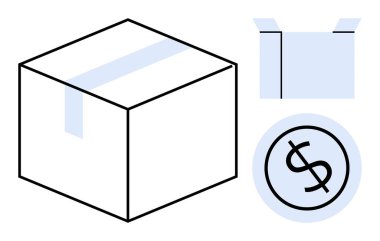 Kaset, açık paket ve dolar işaretli kutu nakliye, lojistik, çevrimiçi alışveriş, perakende, ödeme, ticaret ve tatmin iş akışını tasvir ediyor. E-ticaret malları için ideal.