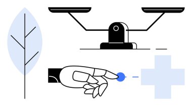 Pullar, robotik el, mavi küre, tıbbi haç, teknolojiyi, sağlığı, dengeyi ve çevreyi simgeleyen yaprak. Sağlık teknolojisi sürdürülebilirliği, yenilik robotik sağlık etiği için ideal.