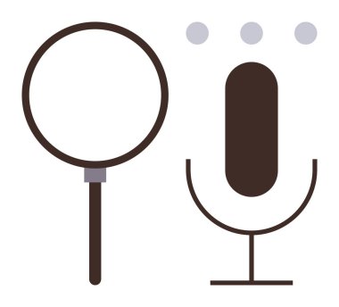 Üzerinde noktalar olan büyüteç ve mikrofon, bilgi aramasını, ses girişini, konuşma analizini sembolize ediyor. Teknoloji, iletişim, yapay zeka araçları, öğrenme, araştırma yeniliği için ideal basit düz