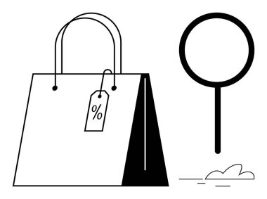 İndirimli etiketli alışveriş torbası ve büyüteç ürün araması, keşif ya da anlaşma öneriyor. E-ticaret, çevrimiçi alışveriş, pazarlama, satış, ürün keşfi, perakende satış için ideal