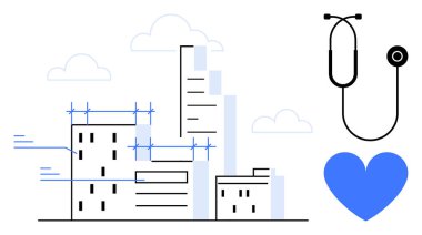 Şehir ortamındaki yüksek binalar, steteskop ve kalp şekli sağlık hizmetini gösteriyor. Sağlık hizmetleri, kentsel planlama, hastane markalaşması, sağlık hizmetleri tanıtımı, sağlık uygulamaları için ideal
