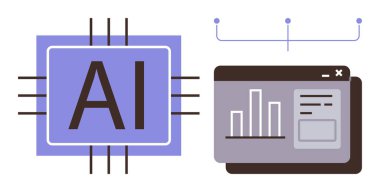 Analiz gösteren bir web arayüzünün yanında bağlantı çizgileri olan yapay zeka işlemcisi. Yapay zeka teknolojisi, veri bilimi, otomasyon, yenilik, makine öğrenimi, dijital araçlar, ilerleme için ideal. Basit düz