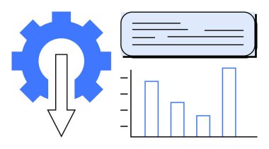 Veri eğilimlerini gösteren süreç, çubuk grafiği ve girdi veya notlar için ders kutusunu vurgulayan vites ve aşağı doğru ok. İş akışı, otomasyon, raporlama, strateji, yönetim, verimlilik için ideal