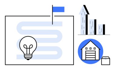 Bayrak ve ampullü harita, büyüme çubuğu grafiği, mavi daireli ev. Ticari planlama, yenilik, strateji, büyüme, beyin fırtınası, yatırım sade iniş sayfası için ideal