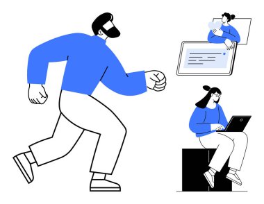 Bir dizüstü bilgisayar ve tablet de dahil olmak üzere birlikte çalışan insanlar. Takım çalışması, uzaktan çalışma, verimlilik, işbirliği, iletişim, dijital etkileşim sanal takımları için idealdir. Basit düz