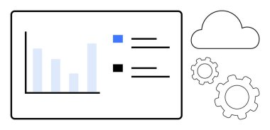 Veri tablosu ve efsane, bulut grafiği ve veri analizi, otomasyon, bulut depolama, teknik çözümler, iş akışı optimizasyonunu simgeleyen dişli simgeleri olan gösterge paneli. Teknoloji ve veri görselleştirme için ideal