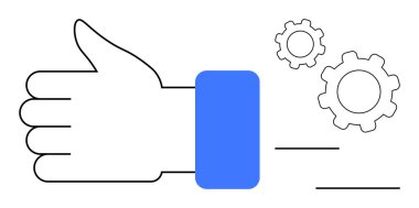 Mavi manşetli el hareketi, onay, verimlilik ve takım çalışmasını sembolize eden vitesler. Gelişme, destek, geri bildirim, üretkenlik, başarı yeniliği için ideal basit