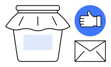 Kumaş kapaklı kavanoz korunmayı simgeler, başparmak yukarı tuşu onayı simgeler ve zarf da iletişimi simgeler. Sosyal medya, e-posta, markalaşma, geri bildirim, ekommerce, basit pazarlama için ideal