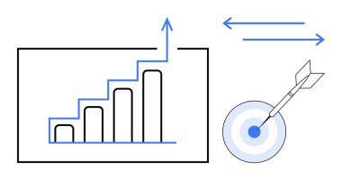 Yukarı doğru büyüyen ok, hedefin merkezine vuran dart okları ve strateji dizilimini temsil eden yatay okları gösteren çubuk çizelgesi. İş için ideal, analitik, hedef belirleme, pazarlama, performans