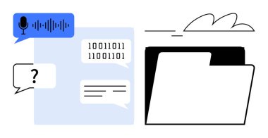 Mikrofonlu konuşma balonu, ikili kod, metin sohbeti ve dosya klasörünün yanındaki bulut elementleri. İletişim, ses tanıma, veri depolama, bulut teknolojisi, belgeleme dijital için ideal