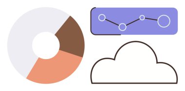 Soyut pasta grafiği, mor çizgi grafiği, veri noktaları, beyaz bulut çizgisi. Veri analizi, bulut hesaplama, istatistik, raporlama, dijital dönüşüm, yenilik için ideal düz metafor