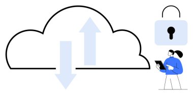 Oklu bulut, veri güvenliği için kilit ve tablet kullanan kişi. Teknoloji, veri yönetimi, güvenlik, bulut depolama, ağ oluşturma, bilişim çözümleri için ideal basit iniş sayfası