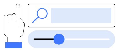 Büyüteç simgesi ve yatay kaydırma çubuğuyla el işaretleri. Kullanıcı arayüzü tasarımı, navigasyon, erişilebilirlik, kişiselleştirme, teknoloji demoları, arama optimizasyonu, basit iniş sayfası için ideal