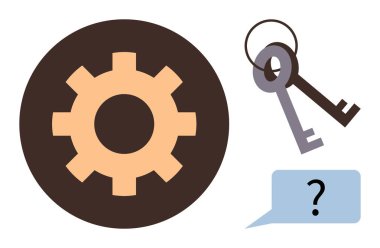 Vites sembolü, çift anahtarlar ve bir konuşma balonunda soru işareti problem çözme, erişim ve anlama mekanizmalarına odaklanıyor. Yenilik, güvenlik, strateji ve çözüm tartışması için ideal