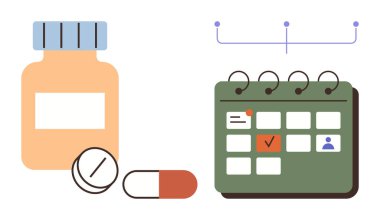 İlaç şişesi, tabletler, işaretli takvimin yanındaki kapsül dozaj takibi için. Sağlık, zaman yönetimi, günlük rutin, tıbbi program, sağlık planlaması için idealdir.