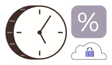Zamanı sembolize eden saat, ölçümler için yüzde işareti, veri koruması için kilitlenmiş bulut. Üretkenlik, verimlilik, veri güvenliği, finans, tasarruf bulutu depolama analizleri için idealdir. Basit düz
