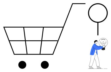 Üstünde büyüteç olan büyük bir alışveriş arabası çerçevesi. Mavili kişi, yeniliği sembolize eden ve fikirleri arayan parlak bir ampul taşıyor. Ticaret, yenilik, çözüm, keşif için ideal