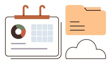 Çizelgeler ve görevler, dosya dizini ve organizasyon, veri depolama ve üretkenliği temsil eden bulut simgesi ile takvim. Planlama, takım çalışması, belge paylaşımı, analitik iş akışı ve dijital için ideal