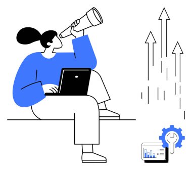 Teleskopla dizüstü bilgisayarı olan biri büyümeyi sembolize eden oklar ayarlı analiz çizelgesi. İş stratejisi, gelecek planlaması, analitik, yenilik, pazar araştırması için ideal