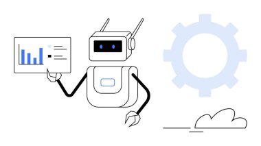 Robot veri grafiği ve çizgileri arka planda teçhizat ve bulut tutuyor. Teknoloji, yapay zeka, otomasyon, yenilik, veri bilimi, gelecekteki trendler için ideal takım çalışması. Basit düz metafor