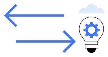 İki mavi ok, içinde bir dişli olan ampulü gösteriyor. Fikir transferi, yenilik ve teknolojiyi sembolize ediyor. İşbirliği, takım çalışması, yaratıcılık, mühendislik ve problem çözme için ideal