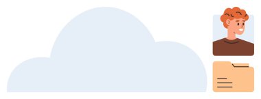 Büyük mavi bulut, kızıl saçlı avatarı olan kullanıcı profili ve bulut depolama, veri yönetimi ve dijital organizasyonu simgeleyen bir belge klasörü. Teknoloji, depolama, iş akışı, takım çalışması için ideal