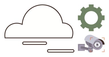 Bulut çizgisi, güvenlik kamerası ve dişli dişli dişli bulut depolama, gözetleme, otomasyon ve teknolojiyi sembolize ediyor. Bilişim hizmetleri, siber güvenlik, bulut entegrasyonu akıllı çözümler verileri için ideal