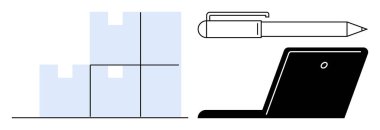 Yığılmış kutular envanteri, bir kalem belgeleri ve dijital lojistik için bir dizüstü bilgisayarı sembolize eder. Ticaret, e-ticaret, yönetim, organizasyon, üretkenlik, lojistik işbirliği için ideal