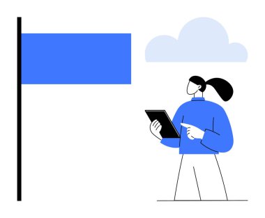 Tablet tutan kişi, mavi bayrak ve bulut veri analizini, hedef belirleme, başarı, yenilik, planlama, teknoloji ve başarıyı sembolize eder. İş stratejisi eğitimi için ideal ve basit