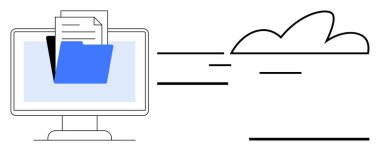 Mavi klasörlü bilgisayar ekranı ve dijital olarak minimalist bulut tasarımına aktarılan belgeler. Bulut depolama, dosya paylaşımı, veri göçü, yedekleme, teknoloji, iş çözümleri için ideal