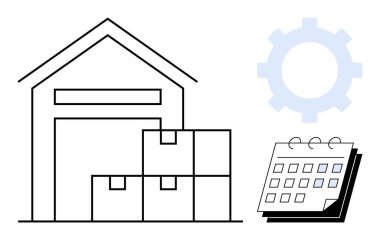 Yığınlanmış kutular, bir takvim ve lojistik, tedarik zinciri, programlama, işlem optimizasyonu, envanter yönetimi, planlama ve verimliliği gösteren vites simgesi olan depo. Basit düz metafor