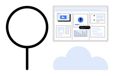 Bir bulut üzerinde video, analitik ve mesaj bildirimleriyle bir web arayüzünü inceleyen büyüteç. Araştırma, veri analizi, teknoloji, iletişim, bulut hesaplama ve dijital için ideal