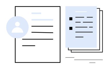 Başvuru profili simgesi, metin düzeni ile devam ve belge yığını. İşe alma, adam alma, İK yönetimi, yetenek edinme, belgeleme, kariyer geliştirme, basit düz metafor