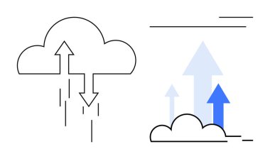 Veri akışı için yukarı ve aşağı oklarla bulut ana hatları. Sağ bölüm mavi eğimli buluttan yükselen okları gösteriyor. Teknoloji, yenilik, ağ, bulut depolama, iletişim için ideal