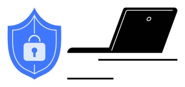 Bilgisayarın yanında asma kilit olan kalkanlar siber güvenliği, veri korumasını, şifrelemeyi ve çevrimiçi güvenliği sembolize eder. Teknoloji, internet mahremiyeti, güvenlik sistemleri, bilişim hizmetleri ve uzaktan kumanda için ideal