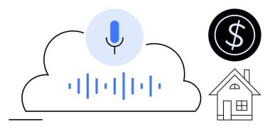 Buluttan önce mikrofon, ses dalgaları, ev taslağı, para birimi simgesi. Akıllı ev, finans, ses teknolojisi, yapay zeka otomasyon yeniliği için ideal. Basit düz metafor