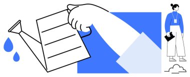 Düşen damlalarla el ele tutuşup mavi arka planı dolduruyorlar. Defter tutan kişi yakınlarda duruyor. Büyüme, yetiştirme, geliştirme, kariyer, destek, öğrenme için ideal