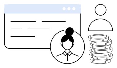 Profil taslağı, tarayıcı penceresi, kadın avatarı ve çevrimiçi işlemleri, yönetimi ve kullanıcı verilerini temsil eden bozuk para yığınları. Finans, HR, web siteleri uygulamaları için ideal teknoloji minimalizmi