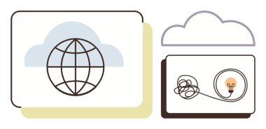 Bulutun üzerindeki küre, ampule bağlanan küresel bağlantı kablosunun fikri temsil ettiğini gösteriyor. Teknoloji, yenilik, yaratıcılık, problem çözme, küresel ağ, bulut hesaplama için ideal