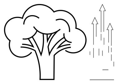 Yükselen oklar yanında minimalist ağaç ana hatları, büyümeyi, sürdürülebilirliği ve ilerlemeyi simgeliyor. Ekoloji, gelişme, yenilik, doğa ölçeklenebilirliği çevresel bakım için idealdir. Basit düz