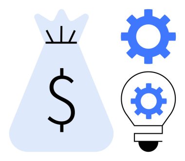 Dolar işaretli para çantası, mavi dişliler ve ampul. Finans, yenilik, verimlilik, iş büyümesi, strateji zenginlik teknolojisi için idealdir. Çok yönlü basit düz metafor