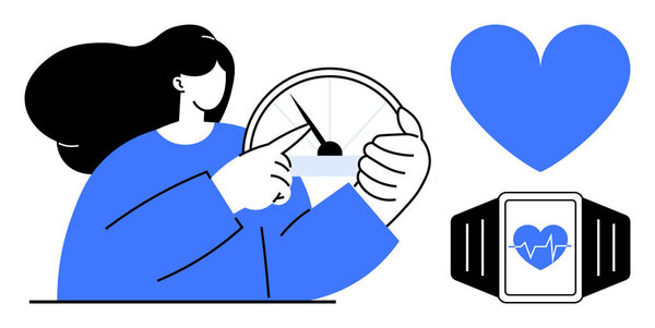 Женщина указывает на датчик, голубое сердце, фитнес-трекер с дисплеем сердечного ритма. Идеально подходит для здоровья, здоровья, фитнеса, самосовершенствования, мотивации, отслеживания прогресса простая целевая страница