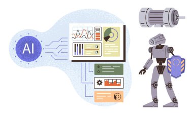 Yapay zeka, insansı robot, motor bileşen ve bağlantı devreleri olan bir torpido gözünde veri işliyor. Teknoloji, makine öğrenimi, yenilik, robotik, otomasyon, mühendislik geleceği için ideal