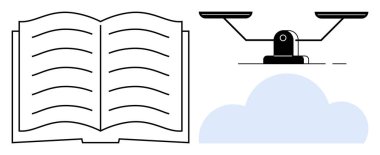 Açık kitap, dengeli ölçü ve bulut gösterisi temaları eğitim, adalet, hukuk, yenilik, teknoloji, ilerleme ve bilgi. Adalet için ideal modern öğrenme ve basit bir bulut depolama