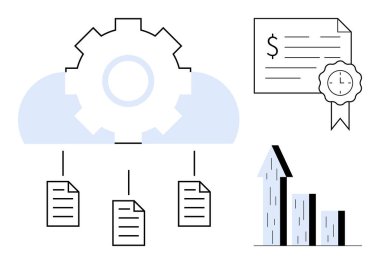 Buluta bağlı dokümanlar, parasal değeri ve zamanı olan sertifika ve büyüme grafiği ile bağlı teçhizat. Teknoloji, veri organizasyonu, verimlilik, iş büyümesi, yenilik ve bulut için ideal
