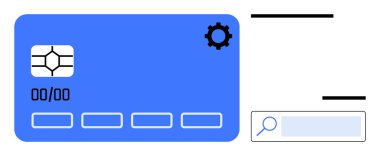 Çipli dijital ödeme kartı, ayarlar, arama çubuğu ve giriş alanları. Finans, bankacılık, e-ticaret, ödeme kapısı, güvenlik internet teknolojisi basit iniş sayfası için ideal