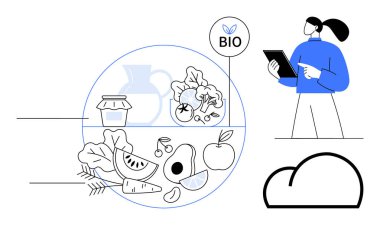Kadın organik meyve, sebze ve biyolojik etiketin yanında tablet kullanıyor. Sürdürülebilirlik, sağlıklı beslenme, organik tarım, dijital teknoloji, eko-ticaret, veri yönetimi basit iniş sayfası için ideal