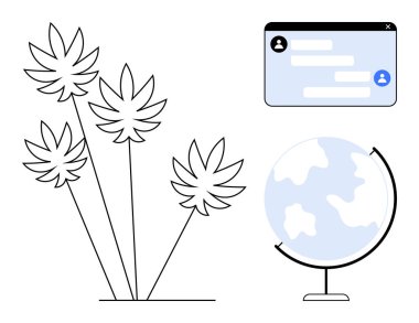 Kıtalarla, mesajlaşma arayüzü ve soyut bitki şekilleriyle dolu bir dünya. Küresel ulaşım, iletişim, doğa teknolojisi dengesi, eğitim, takım çalışması, çevre bilinci sade iniş sayfası için ideal