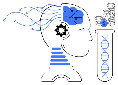 Beyin devresi olan insan kafası, test tüpünde DNA ve birikmiş paralar. Yenilik, yapay zeka, biyoteknoloji, araştırma, sinir bilimi otomasyonu ve finansal büyüme kavramları için idealdir. Basit düz metafor